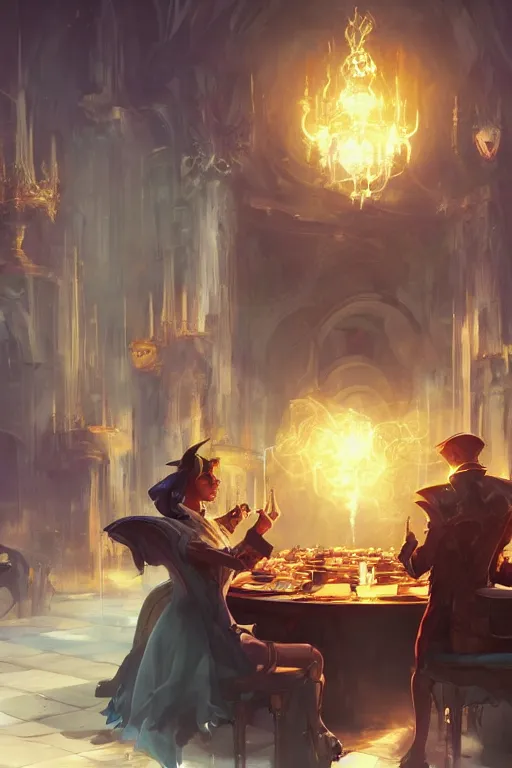 Prompt: the opulent magician casts spells and performs card tricks at the roundtable of millionaires, fantasy game art by Greg Rutkowski, fantasy RPG, by Ross Tran, concept art, 4k, artstation, cel-shaded, League of Legends inspired