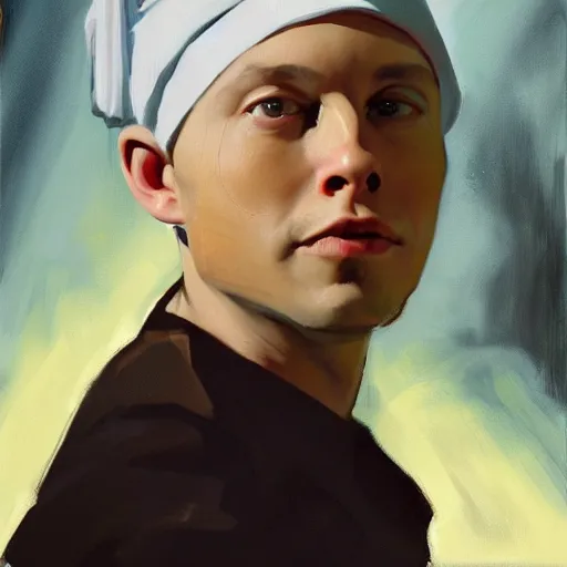 Image similar to greg manchess portrait painting of the boy with the pearl earring with the face of elon musk, medium shot, asymmetrical, profile picture, organic painting, sunny day, matte painting, bold shapes, hard edges, street art, trending on artstation, by huang guangjian and gil elvgren and gerald brom