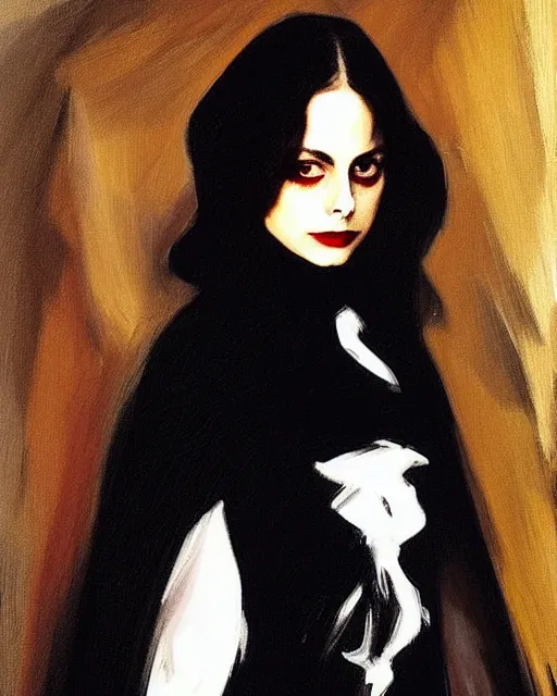 Image similar to style of john singer sargent : : gorgeous willa holland : : evil witch, swirling black magic : : symmetrical face, symmetrical eyes : : full body pose : : gorgeous black hair : : magic lighting, low spacial lighting : :