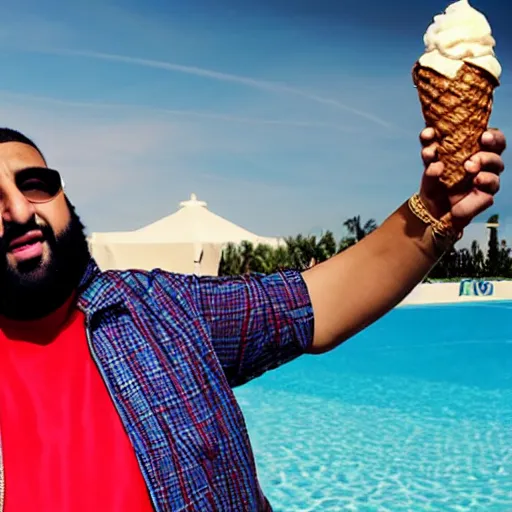 Prompt: DJ khaled holding huge ice cream cones and a pizza