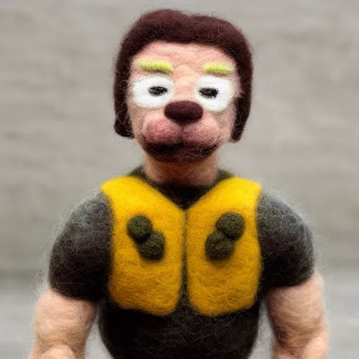 Prompt: a needle felted arnold schwarzenegger, needle felting art.