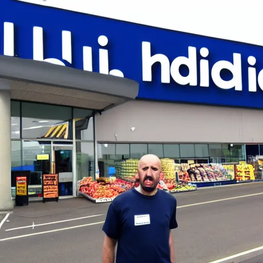 Image similar to a man in front of an aldi supermarket, terrified, in a terrifying pose, photo realistic