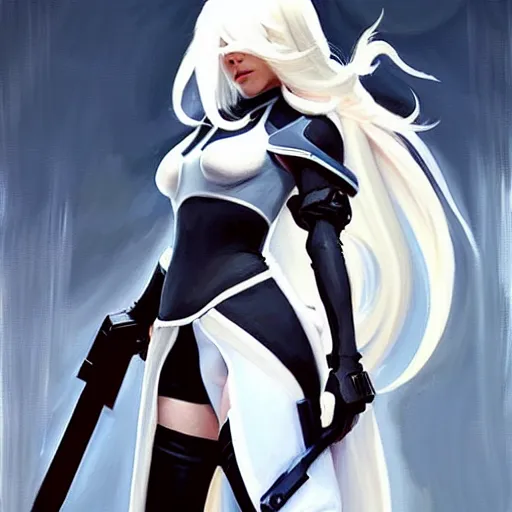 Prompt: greg manchess portrait painting of a 2 yorha type a no. 2 as overwatch character!! holding a sword!!, white long hair, organic painting, sunny day, matte painting, bold shapes, hard edges, street art, trending on artstation, by huang guangjian and gil elvgren and sachin teng