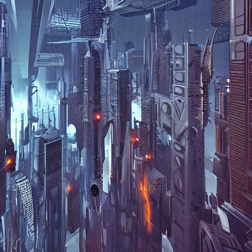 Image similar to sci fi megacity made in blender, in the style of Ian hubert , high quality, lots of detail, futuristic, photoshop post process, realistic, warm lighting, warm atmosphere