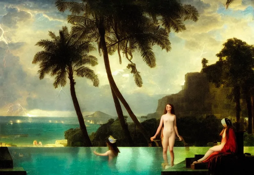 Image similar to Girl at the palace, refracted sparkles, thunderstorm, greek pool, beach and Tropical vegetation on the background major arcana sky, by paul delaroche, hyperrealistic 4k uhd, award-winning, very very very detailed