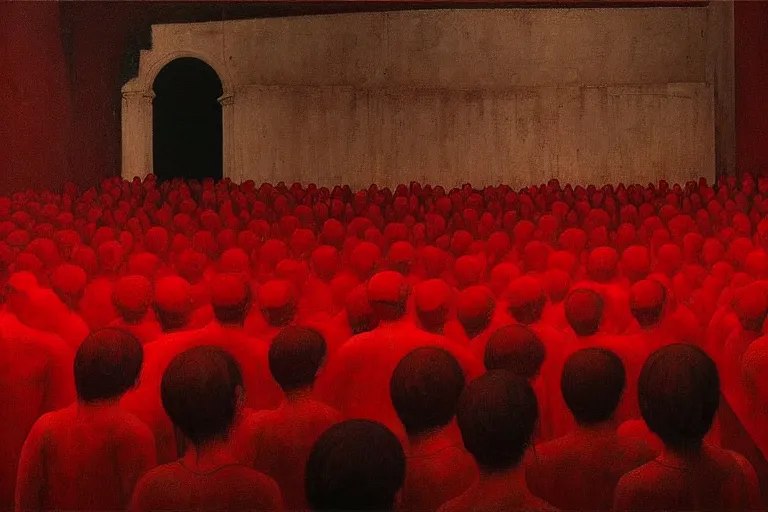 Image similar to only with red, crowd screaming, an exposed painting in a roman theater, in the style of beksinski, parts by edward hopper, parts by rodcenko, parts by yue minjun, intricate and epic composition, red by caravaggio, insanely quality, highly detailed, masterpiece, red light, artstation, 4 k