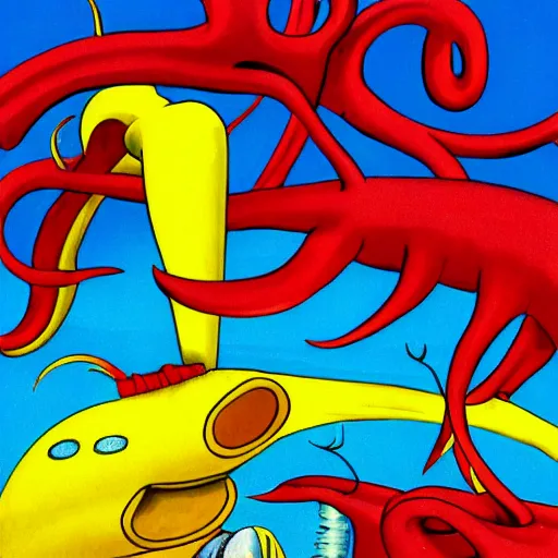 Image similar to A giant squid holding a yellow submarine, artist is Dr Seuss, vivid colors, kinetic, action shot,