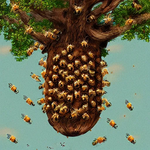 Prompt: digital illustration of a beehive hanging from a tree, with little bees that look like campfires coming out of it, trending on artstation