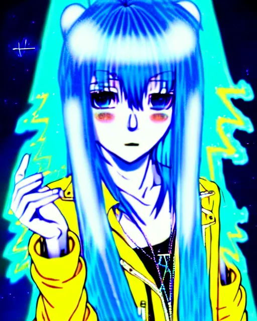 Image similar to a hologram of rimuru tempest, sky blue hair, golden yellow eyes, wearing black stylish clothing, holography, irridescent, baroque visual kei decora art