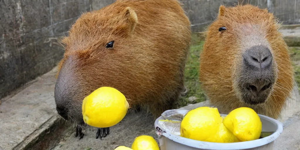 Image similar to capybara eating lemons, sitting in a tub of lemons, happy capybara