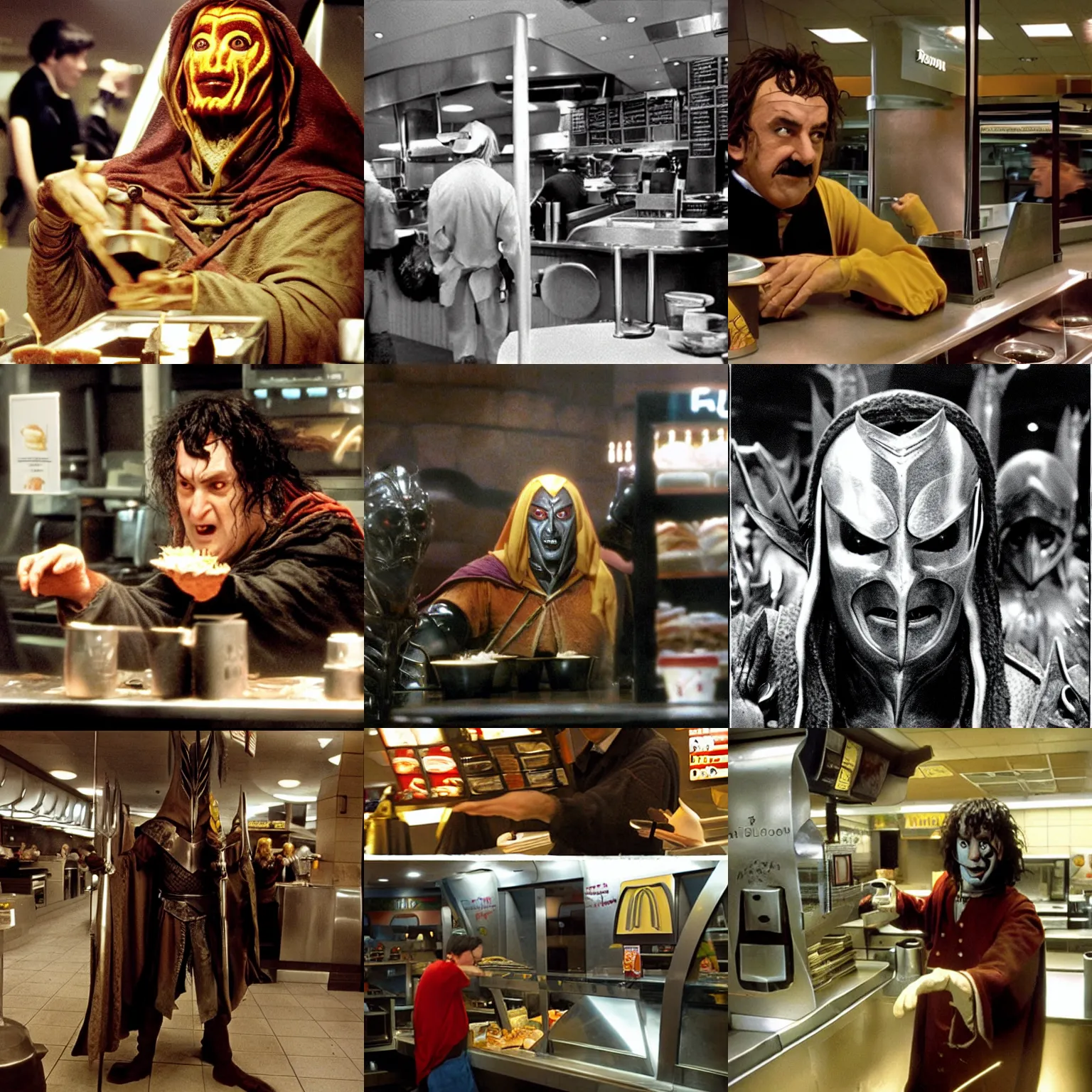 Prompt: Sauron working in McDonalds , Peter Jackson's Lord of the Rings movie, photojournalism