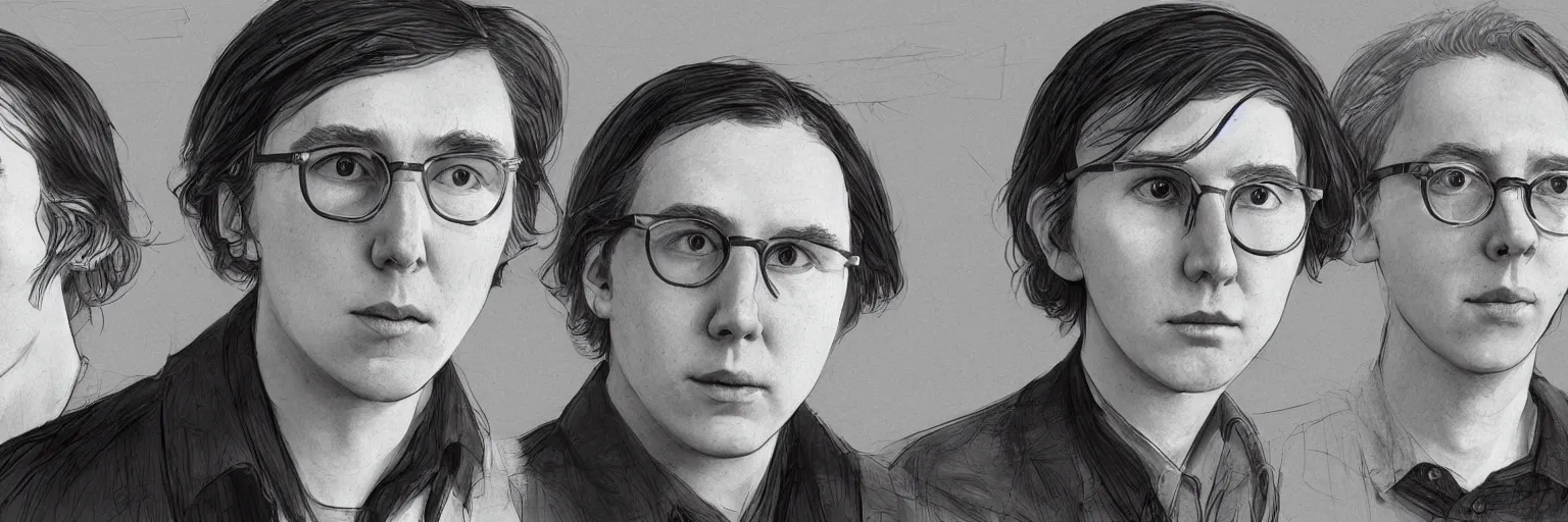 Image similar to character study of paul dano and todd solondz, 2 0 2 2, clear faces, emotional, character sheet, fine details, concept design, contrast, kim jung gi, pixar and da vinci, trending on artstation, 8 k, full body and head, turnaround, front view, back view, ultra wide angle