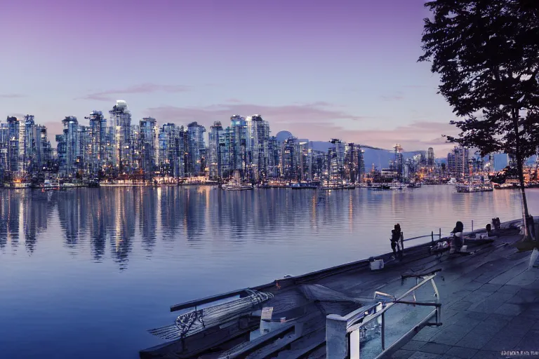 Prompt: vancouver, bc, view of the city by makoto shinkai 4k anime wallpaper, false creek, stanley park, makoto shinkai movie, beautiful cityscape by makoto shinkai