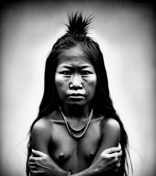 Prompt: Award winning Editorial photograph of a Hawaiian girl by Lee Jeffries, 85mm ND 4, perfect lighting, wearing traditional garb, With huge sharp jagged Tusks and sharp horns, gelatin silver process