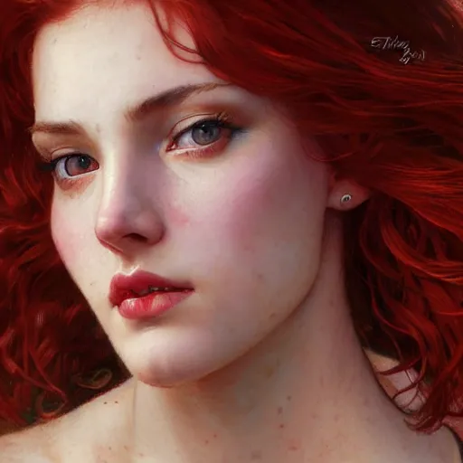 Image similar to highly detailed closeup portrait of beautiful woman with red hair, very detailed, realistic, card, by Stanley Artgerm Lau, greg rutkowski, thomas kindkade, alphonse mucha, loish, norman rockwell J.