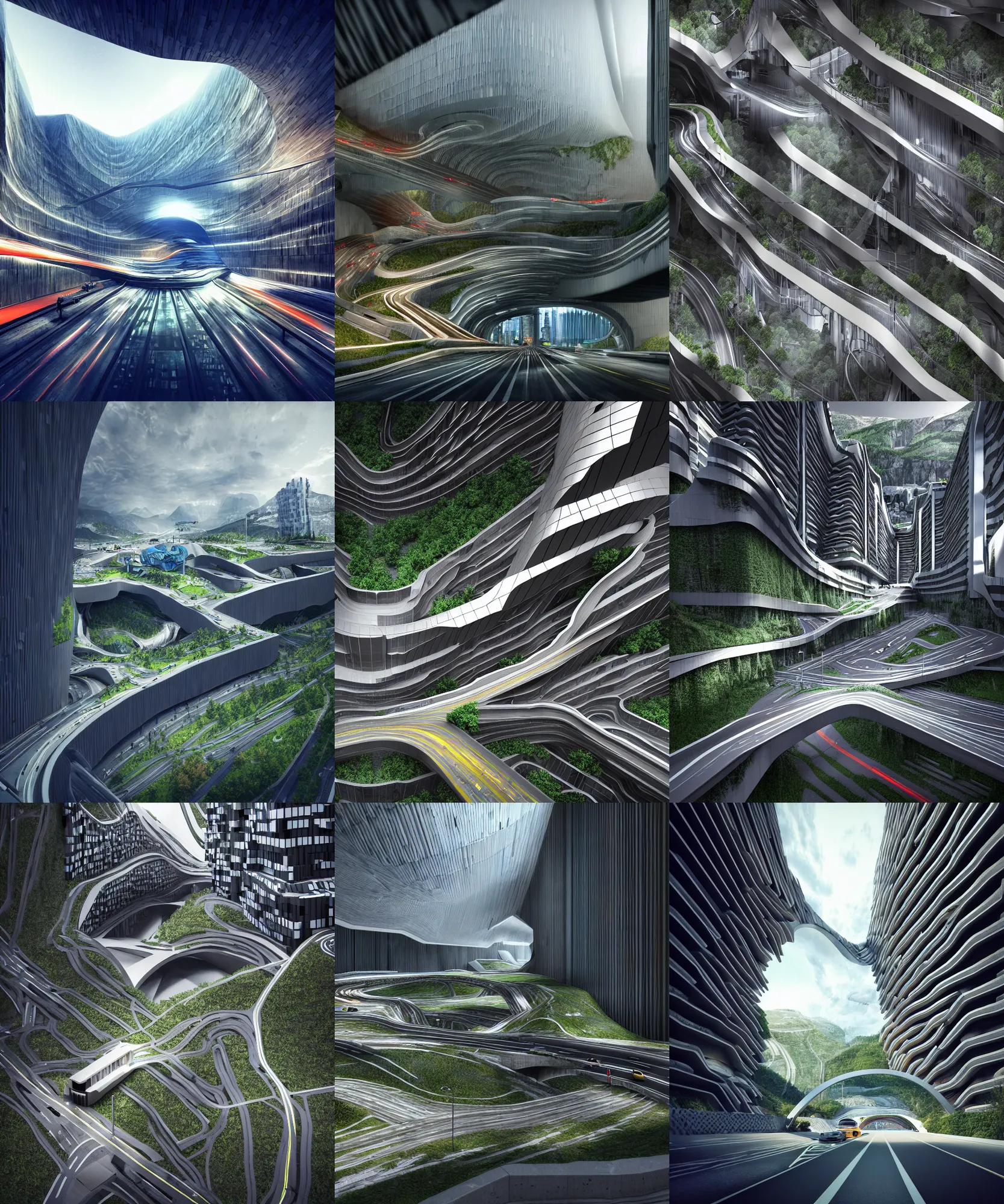 Prompt: maximalism digital art, denis villeneuve establishing shot of modern bjarke ingels condo building and gotthard tunnel entrance combined, roads tunnel under bjarke ingels condo building, lush environment, overcast lighting, scifi artstation digital concept art, unreal engine, hyper realism, realistic shading, blender render, octane render, wide shot