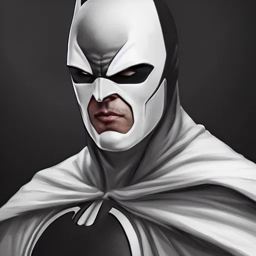 Prompt: characters portrait of MoonKnight mixed with Batman by ArtGerm and Tom Bagshaw, merged character, 4k, highly detailed, cinematic lighting