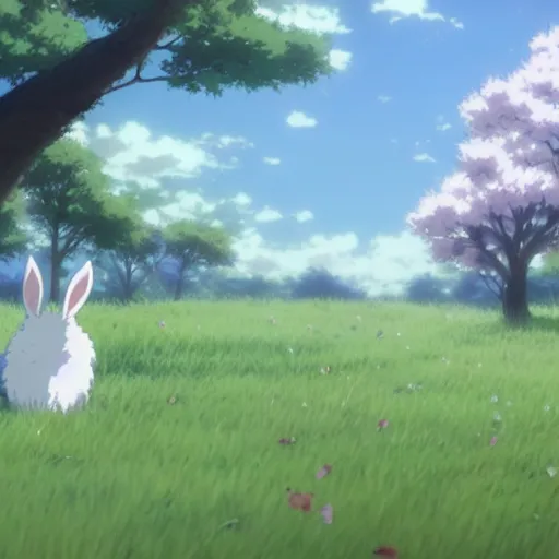 Image similar to A group of white bunny rabbits under the cherry tree, Makoto Shinkai