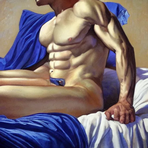 Prompt: photo shot of oiled up glossy 1 8 y. o. muscular genie with blue skin, posing in bed, morning sunlight, greek, dramatic, romantic, detailed, realistic, in style of j. c. leyendecker