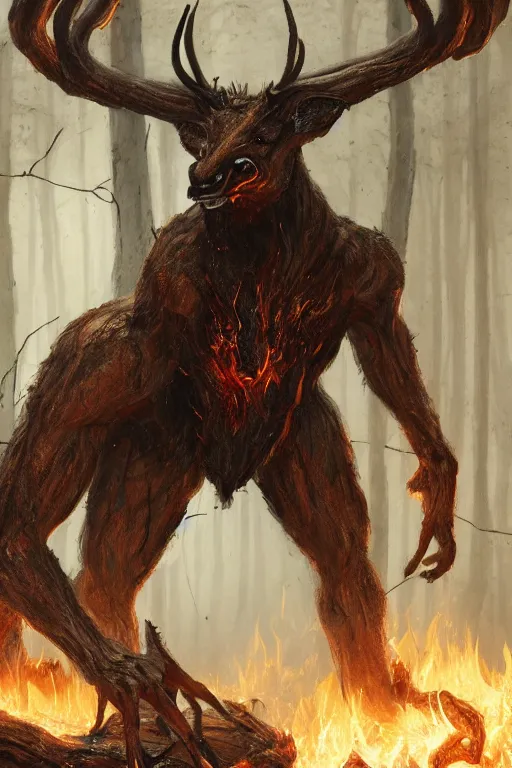 Prompt: anthropomorphic humanoid crouching deer monster in a dark forest on fire, horror, highly detailed, crouching humanoid, human-like, whole body, by Greg Rutkowski, trending on artstation, 4k