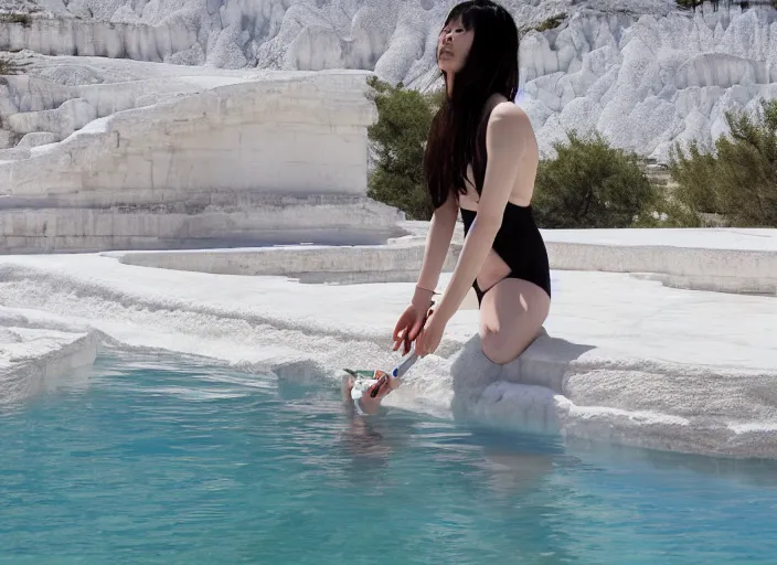 Prompt: Lee Jin-Eun hacking a laptop at Pamukkale, thermal waters flowing down white travertine terraces by Martine Johanna, rule of thirds, seductive look, beautiful, refined