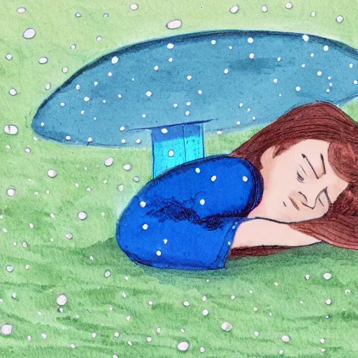 Image similar to A girl sleeping under a giant blue toadstool, raining, somber, high detail,