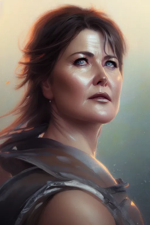 Image similar to ultra detailed close up facial portrait of lucy lawless, extremely detailed digital painting, in the style of fenghua zhong and ruan jia and jeremy lipking and peter mohrbacher, mystical colors, rim light, beautiful lighting, 8 k, stunning scene, raytracing, octane, trending on artstation