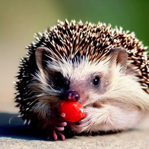 Image similar to still image of a cute hedgehog with pepperoni stuck to its back, photo