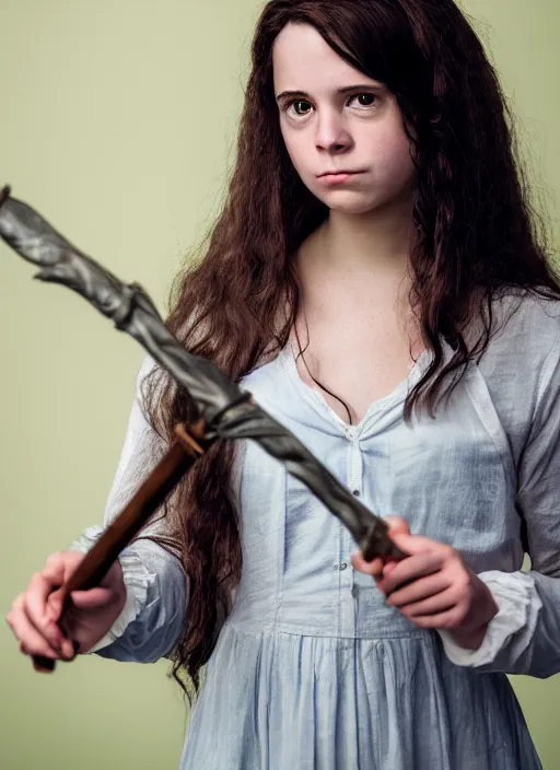 Prompt: portrait of emily compagno as hermione in the movie harry potter holding a wizard wand, by charlotte grimm, natural light, detailed face, canon eos c 3 0 0, ƒ 1. 8, 3 5 mm, 8 k, medium - format print, half body shot