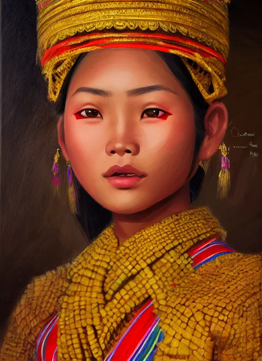 Image similar to portrait of a beautiful teen khmer ethnic northeast thailand, closeup portrait, historical, ethnic group, traditional costume, elegant, loin cloth, highly detailed, oil painting, artstation, concept art, matte, sharp focus, illustration, hearthstone, art by earl norem