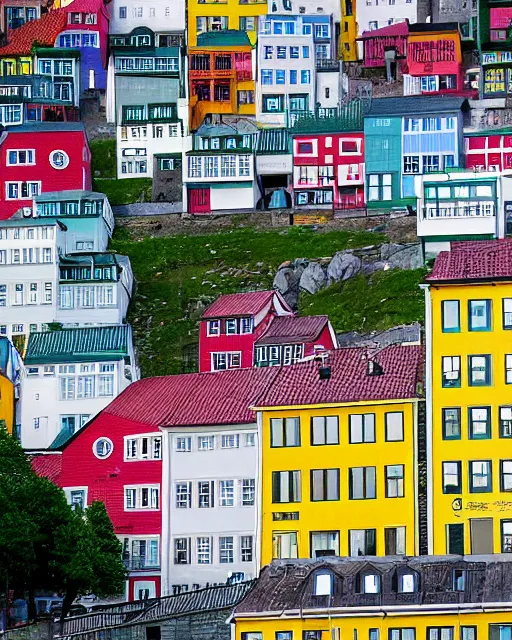 Image similar to colorful row houses, crowded, mountain goats climbing all over, on a highrise vertical buildings, bergen norway, rule of thirds, by Felipe Pantone, Wes Anderson and Damien Hirst