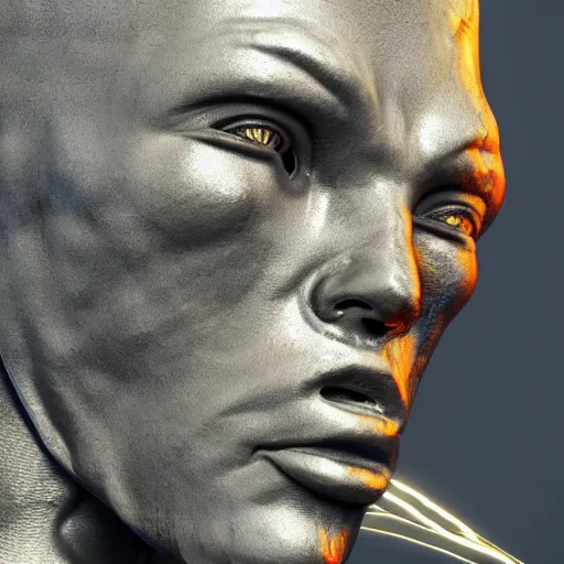 Image similar to 3 d render melted military cyborg humanoid sculpture, chrometype, liquid metal, neotribal, raytraced, volumetric lightning, 8 k by wlop, innate studio h - 1 0 0 0 w - 1 0 0 0