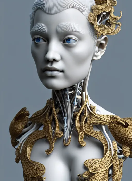 Image similar to complex 3d render ultra detailed of a beautiful porcelain profile woman face, mechanical cyborg, 150 mm, beautiful natural soft light, rim light, mechanical magnolia and ghost orchid big leaves and stems, roots, fine foliage lace, silver and gold details, ornate intricate, maze like, mesh wire hair, intricate details, hyperrealistic, ultra detailed, mandelbrot fractal, anatomical, red lips, white metal neocubism armor, facial muscles, cable wires, microchip, elegant, octane render, H.R. Giger style, 8k