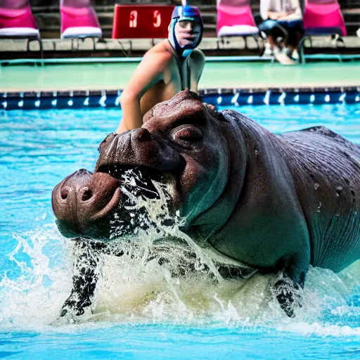 Image similar to a water polo player riding a hippopotamus. photograph.