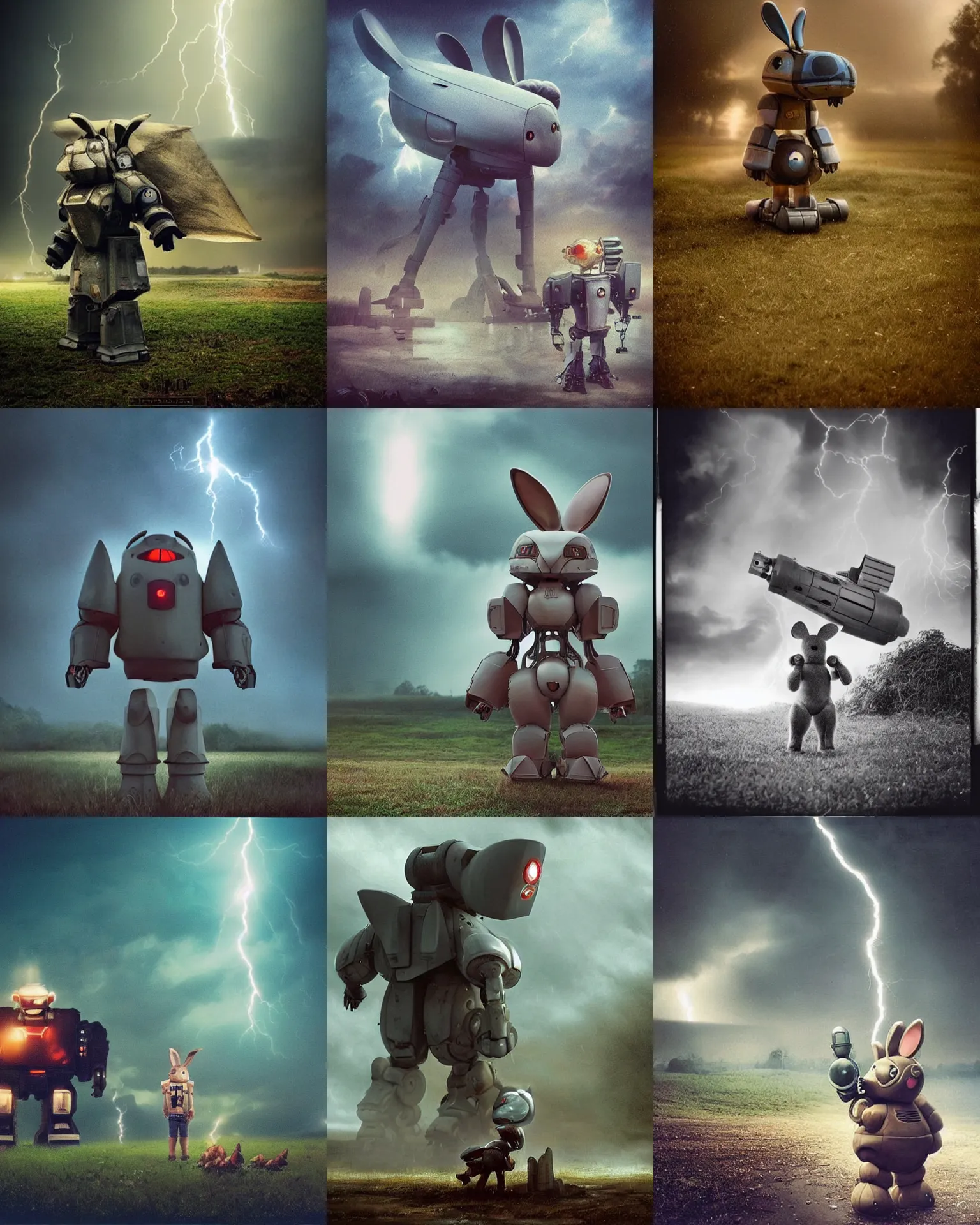 Prompt: giant oversized battle rabbit robot chubby mech baby with big ears and giant oversized rocket!!! on a village, full body , Cinematic focus, Polaroid photo, vintage , sharp focus ,neutral colors, soft lights, foggy mist , hurricane storm lightning, by gregory crewdson!!!