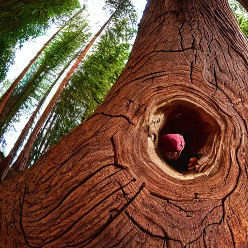 Prompt: ultra wide fisheye photo if a hiker accidentally carving their name into the bark at the base of a gigantic tree ent's leg, which looks down at him from high above angrily, trending on artstation hyperreal