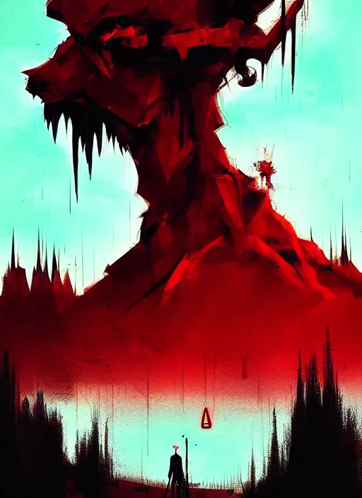 Prompt: horror art, minimalist demon, red peaks in the background, art by ismail inceoglu