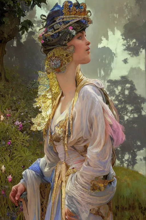 Image similar to hyperrealist portrait of a girl emperorit is decorated with long robes that fall like stars, an ostentatious palace and garden are seen in the background. by jeremy mann and alphonse mucha, fantasy art, photo realistic, dynamic lighting, artstation, poster, volumetric lighting, very detailed faces, 4 k, award winning