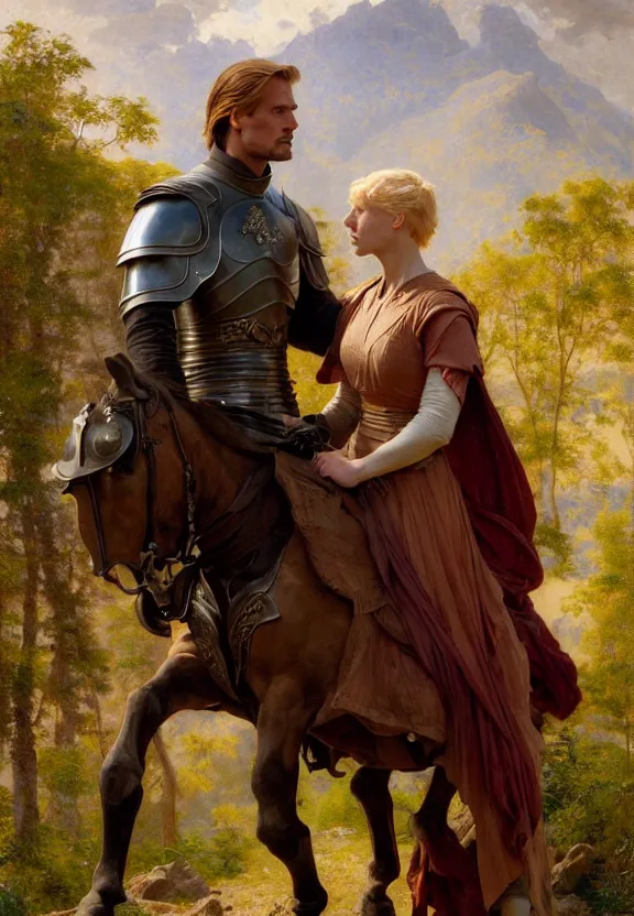 Prompt: attractive handsome fully clothed jaime lannister confesses his love for attractive fully armored brienne of tarth. centered composition. arthurian mountain and forest background. highly detailed painting by gaston bussiere and j. c. leyendecker and william adolphe bouguereau and fra angelico and octane render, musee d'orsay 8 k