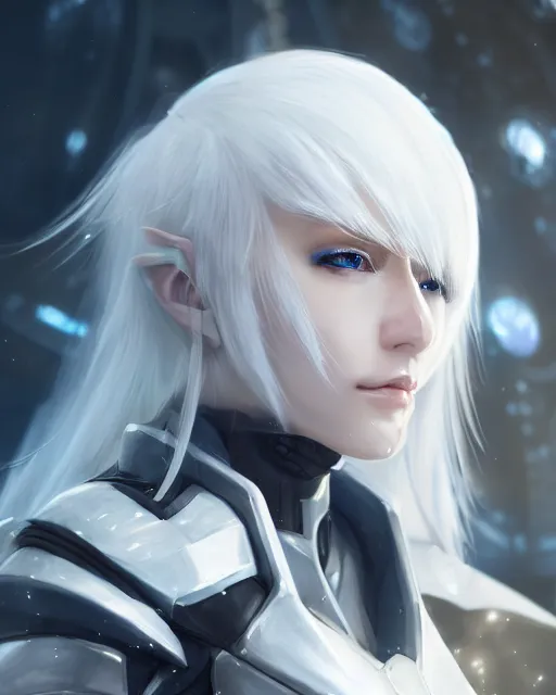 Prompt: perfect white haired girl, warframe armor, beautiful, dreamy, half asian, pretty face, blue eyes, detailed, windy weather, scifi platform, laboratory, experiment, 4 k, ultra realistic, epic lighting, cinematic, high detail, masterpiece, akihito tsukushi