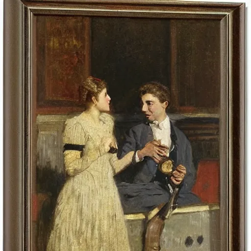 Prompt: a young man and woman chatting in an old theater, by alfred stevens