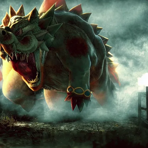 Prompt: gigantic bowser roaring into the sky, silent Hill, ruined kingdom, horror, cryengine