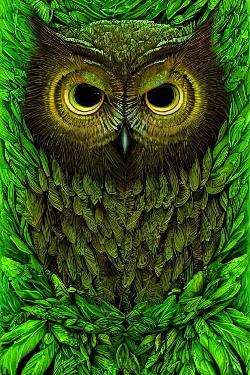 Image similar to a green moss owl, symmetrical, highly detailed, digital art, sharp focus, amber eyes, ferns, trending on art station