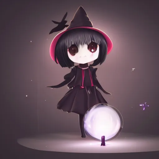 Image similar to cute fumo plush girl gazing into a crystal ball swirling with strange energy, black and white, smoke and volumetric fog, witch girl, soothsayer, lens flare glow, chibi anime, vray