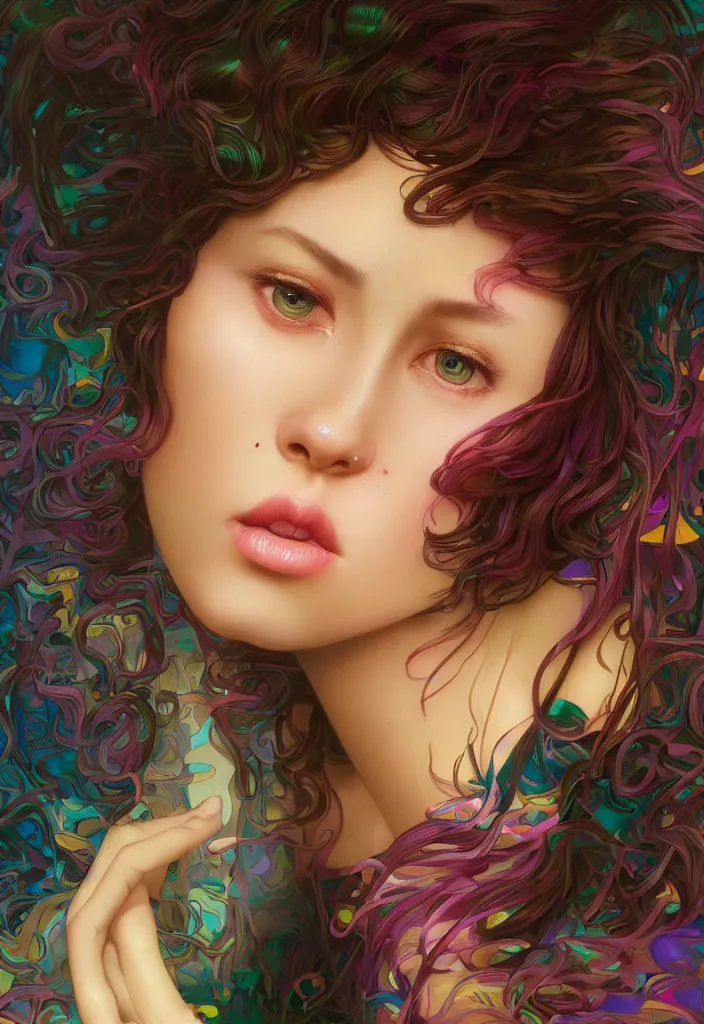 Image similar to beautiful, young woman, detailed gorgeous face, vaporwave aesthetic, synthwave, colorful, psychedelic, broken beaten, sadness, crying, artstation, concept art, smooth, extremely sharp detail, finely tuned detail, ultra high definition, 8 k, unreal engine 5, ultra sharp focus, illustration, art by artgerm and greg rutkowski and alphonse mucha