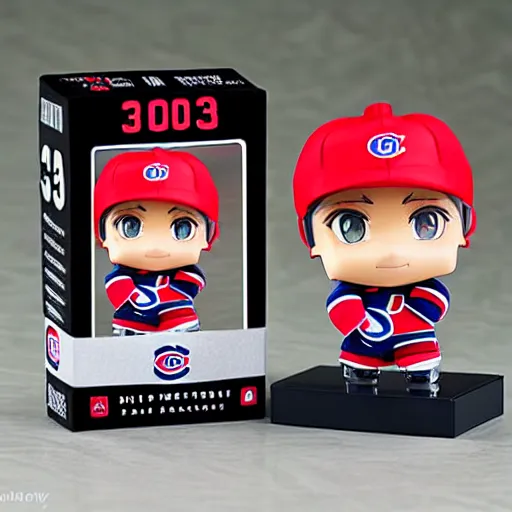 Image similar to high quality portrait flat matte painting of cute Nendoroid figurine of Patrick Roy Goaltender, in the style of nendoroid and manga NARUTO, number 33 on jersey, Patrick Roy Goaltender, An anime Nendoroid of Patrick Roy, hall of fame goalie Patrick Roy!!!, number 33!!!!!, Montreal Habs Canadiens figurine, detailed product photo, flat anime style, thick painting, medium close-up