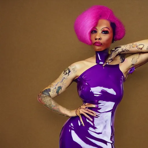 Prompt: a woman with pink hair wearing a purple dress, an album cover by Hedi Xandt, featured on tumblr, afrofuturism, made of rubber, made of plastic, elite