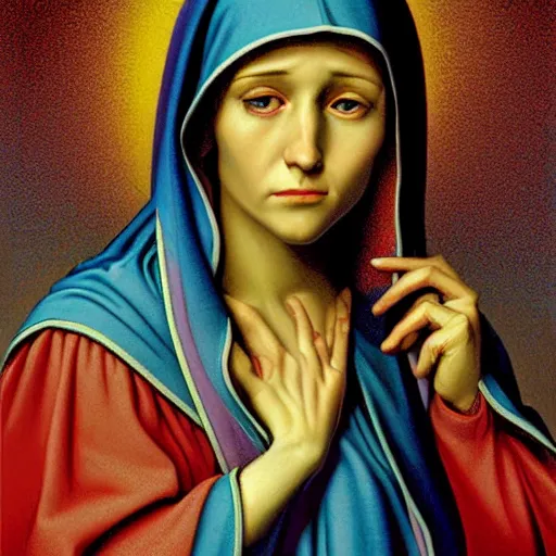 Prompt: portrait of crying gorgeous young mother mary our lady of sorrows by greg hildebrandt lisa frank beautiful high detail pastel colors