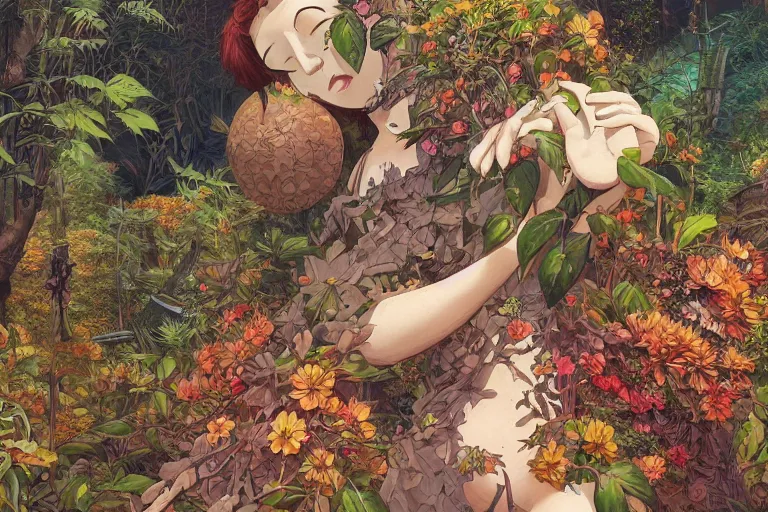 Image similar to evangelionic illustration, a lot of exotic vegetation, trees, tremendous pleasure, flowers, oldschool vintage sci - fi flat surreal design, super - detailed, oil painting by satoshi kon, hd, 4 k, high quality