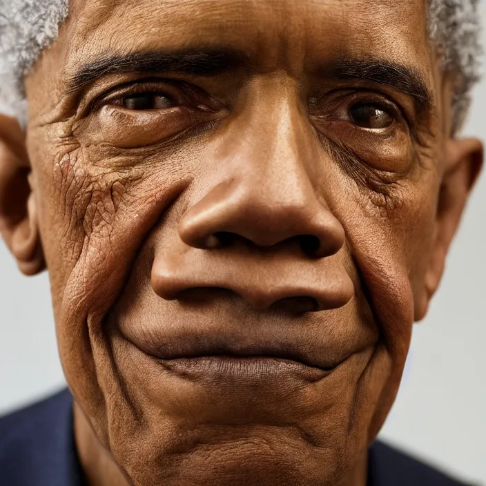 Image similar to hyperrealistic close up studio portrait of aging old Barak Obama age 103 wrinkled sorrowful, oil painting by Ivan Albright and Lucian Freud and Ron Mueck, trending on artstation Studio lighting hyperrealism